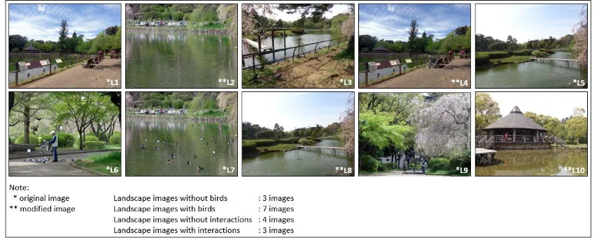 Figure 1. Landscape images without birds (L1, L2, L5), with birds (L3, L4, L6, L7, L8, L9, L10), without interactions (L3, L7, L8, L10), and with interactions (L4, L6, L9)
