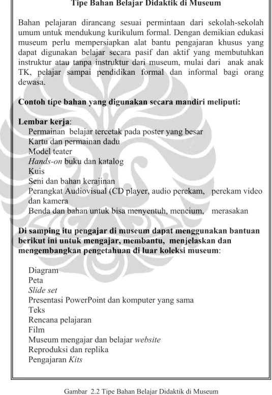 Gambar  2.2 Tipe Bahan Belajar Didaktik di Museum  (Sumber: Brüninghaus dan  Knubel, 2004: 129)  Tipe Bahan Belajar Didaktik di Museum 