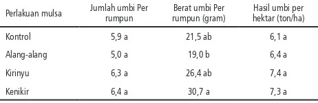 Tabel 2.   Rerata Jumlah Umbi Per Rumpun, Berat Umbi per Rumpun (gram), dan Hasil Umbi per Hektar (ton/ha).