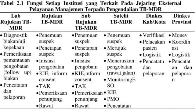 Tabel  2.1  Fungsi  Setiap  Institusi  yang  Terkait  Pada  Jejaring  Eksternal  Pelayanan Manajemen Terpadu Pengendalian TB-MDR 