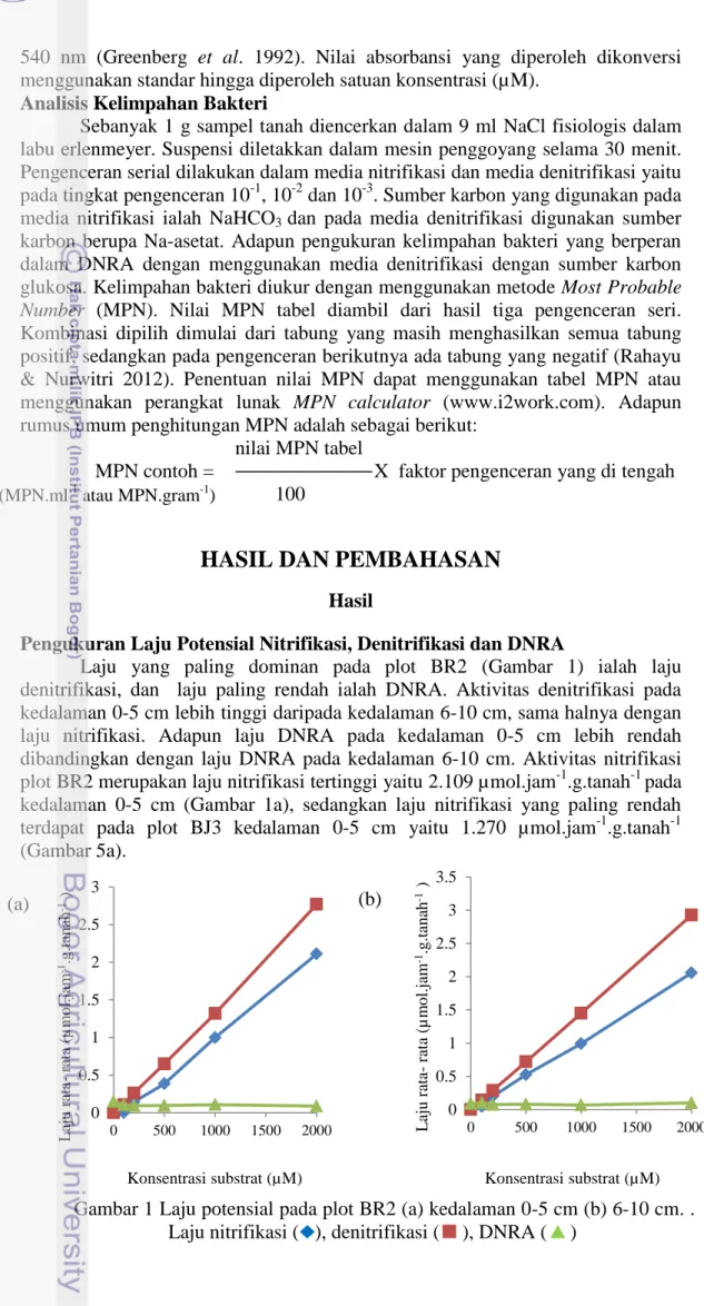 Gambar 1 Laju potensial pada plot BR2 (a) kedalaman 0-5 cm (b) 6-10 cm. .  Laju nitrifikasi ( ), denitrifikasi (  ), DNRA (  ) 