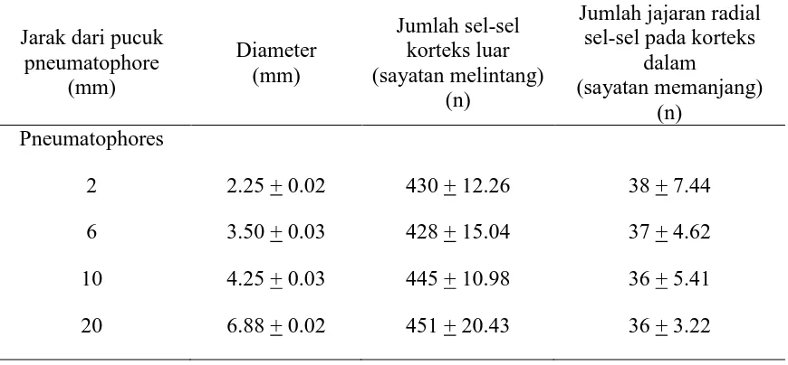 Tabel 1. Diameter, jumlah sel korteks dan kolom sel radial pada beberapa jarak dari pucuk pneumatophore of Sonneratia alba