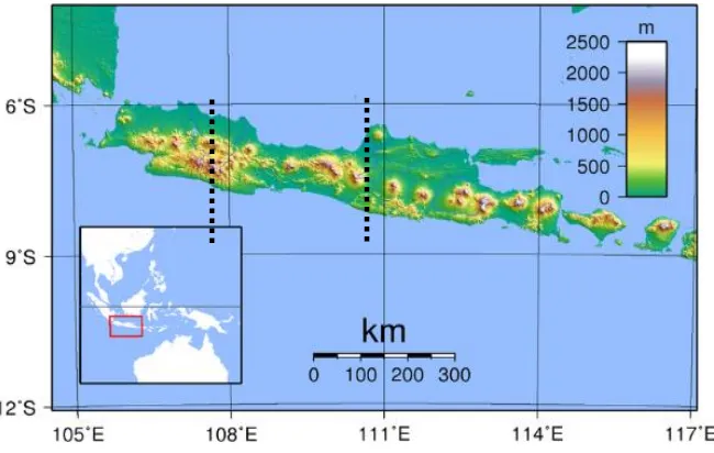 Gambar 1.  Topografi Pulau Jawa, garis putus-putus (107.5° dan  