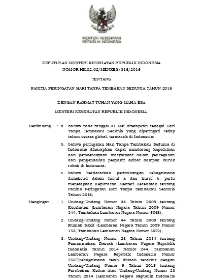 Rancangan KEPUTUSAN MENTERI KESEHATAN REPUBLIK INDONESIA NOMOR HK.02.02 ...