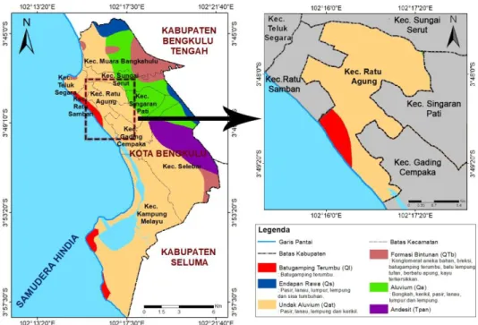Gambar 3. Peta Geologi Kecamatan Ratu Agung Kota Bengkulu (dimodifikasi dari  BAPELITBANG Kota Bengkulu, 2017) 