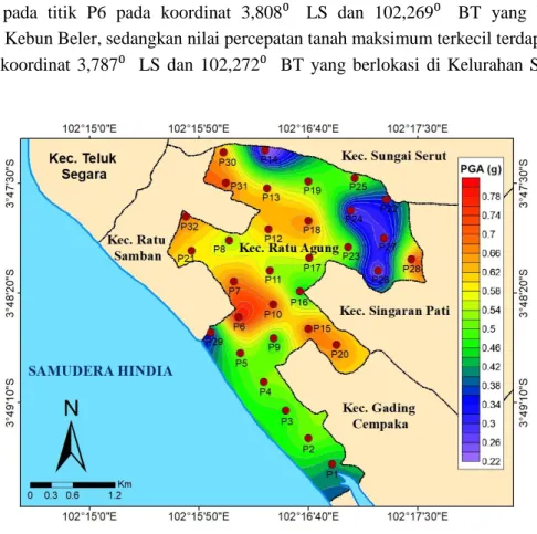 Gambar 8. Peta Sebaran Percepatan Tanah Maksimum di Kecamatan Ratu Agung  Zonasi tingkat potensi risiko bahaya gempabumi di Kecamatan Ratu Agung 