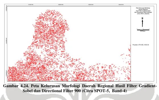Gambar 4.23.   Peta  Kelurusan  Morfologi  Daerah  Regional  Hasil  Filter  Gradient-Sobel dan Directional Filter 0 0  (Citra SPOT-5,  Band-4) 