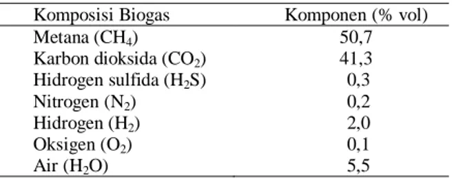 Tabel 1.  Komposisi  biogas  sebagai  bahan  baku  untuk  proses pemurnian. 