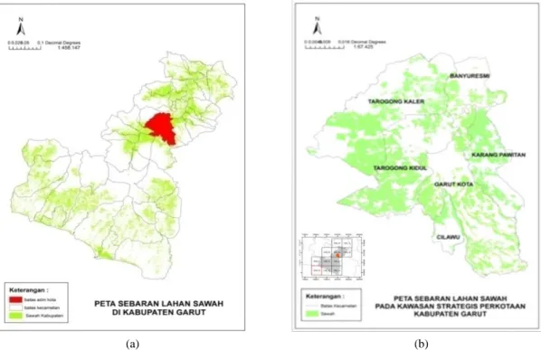 Gambar 2. Peta sebaran lahan sawah di Kabupaten Garut (a) dan peta sebaran lahan di kawasan strategis perkotaan di Kabupaten Garut (b) 