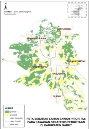 Gambar 4.  Peta karakteristik spasial pada lahan prioritas pertama  Tipe  pertama  tersebar  di  Kecamatan  Garut  Kota,  Banyuresmi,  Tarogong  Kidul  dan  Tarogong  Kaler,  lahan  tipe  ini  adalah  lahan  produktif  dengan  kemiringan  lereng  dibawah 8