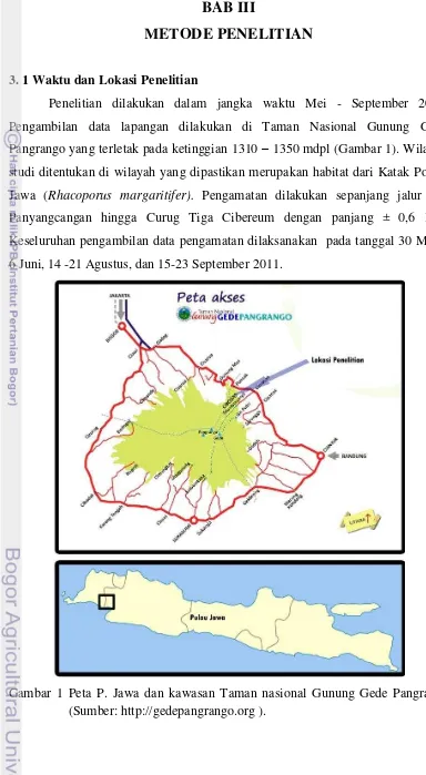 Gambar 1 Peta P. Jawa dan kawasan Taman nasional Gunung Gede Pangrango  