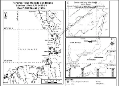 Gambar 1. Peta Lokasi Pengambilan Sampel di Semenanjung Minahasa: 1) Perairan Teluk Manado (PTM), 2) Perairan Bitung (PBT), 3) Perairan Pantai Tateli (PPT)