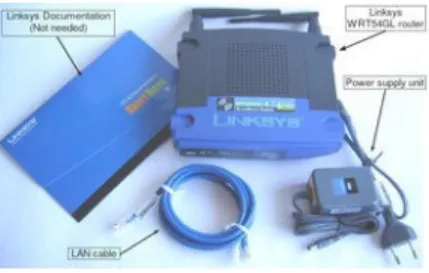 Gambar 3.3. Wireless router linksys WRT54GL versi 1.1 dan perlengkapannya. 