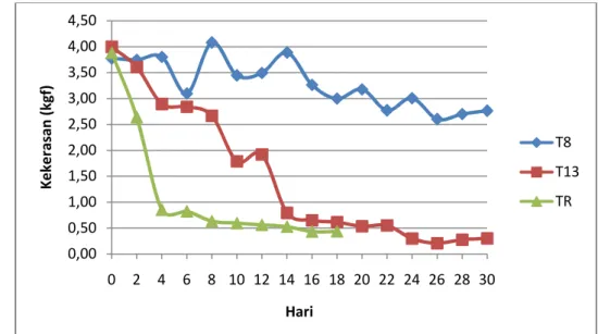Gambar 10. Grafik Perubahan kekerasan mangga Gedong Gincu selama penyimpanan pada 3 kondisi  suhu  