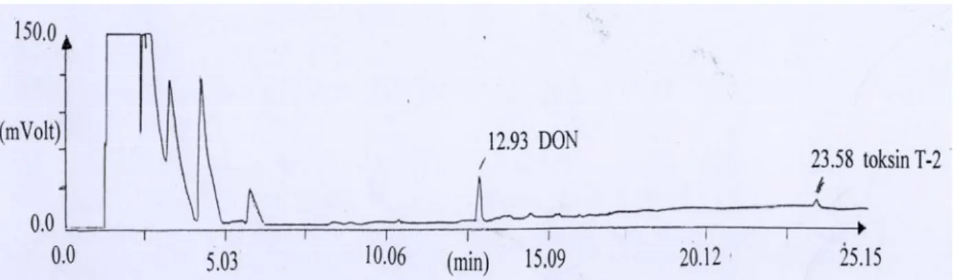 Gambar 2. Kromatogram standar 250 ng/mL DON dan toksin T-2 dengan kromatografi gas  