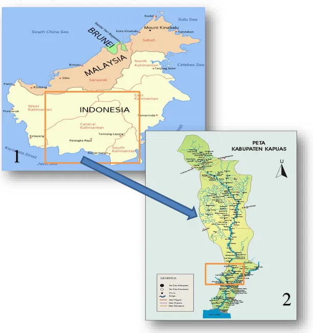 Gambar  2    1)  Peta  Pulau  Kalimantan  (sumber  : http://mapsof.net/uploads/static- http://mapsof.net/uploads/static-maps/kalimantan.png);  2)  Peta  Kabupaten  Kapuas;  (sumber  :  http://shindoka.org/Peta+Kab+Kapuas.JPEG) 