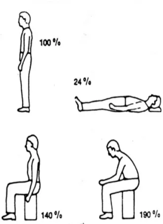Gambar 1. Efek dari empat posisi tubuh terhadap tekanan diskus intervertebralis antara lumbal ke