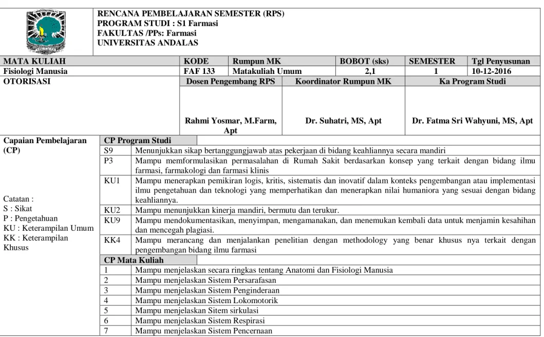 Tabel 3. RPS Mata Kuliah Fisiologi Manusia 