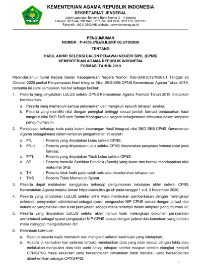 PENGUMUMAN NOMOR : P /SJ/B.II.2/KP.00.2/10/2020 TENTANG HASIL AKHIR ...