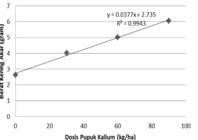 Gambar  3. Regresi  dosis  pupuk  kalium terhadap berat kering akar umur 8 mst 