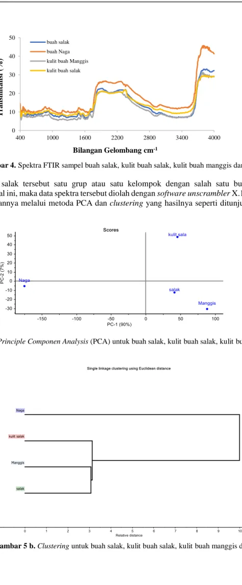 Gambar 5. a. Principle Componen Analysis (PCA) untuk buah salak, kulit buah salak, kulit buah manggis dan buah  naga