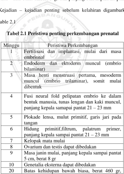 Tabel 2.1 Peristiwa penting perkembangan prenatal 