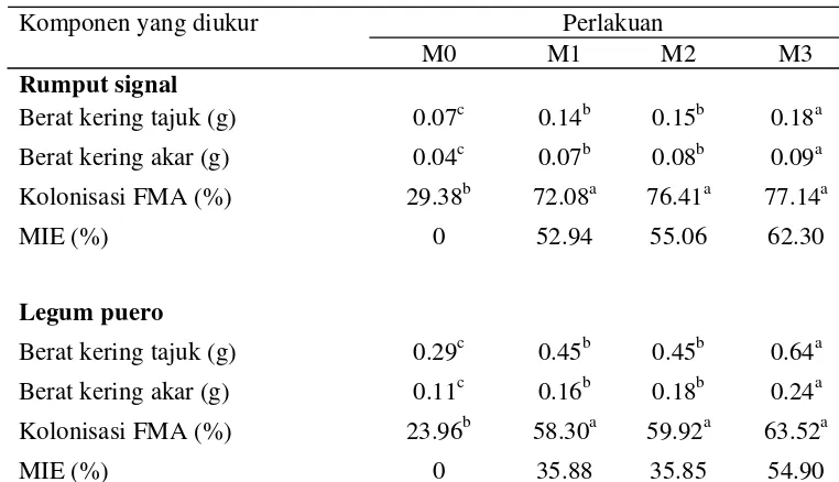 Tabel 1. Berat kering tajuk, berat kering akar, dan persentase kolonisasi FMA   pada signal dan puero umur 35 hari setelah tanam dengan sumber inokulasi FMA yang berbeda