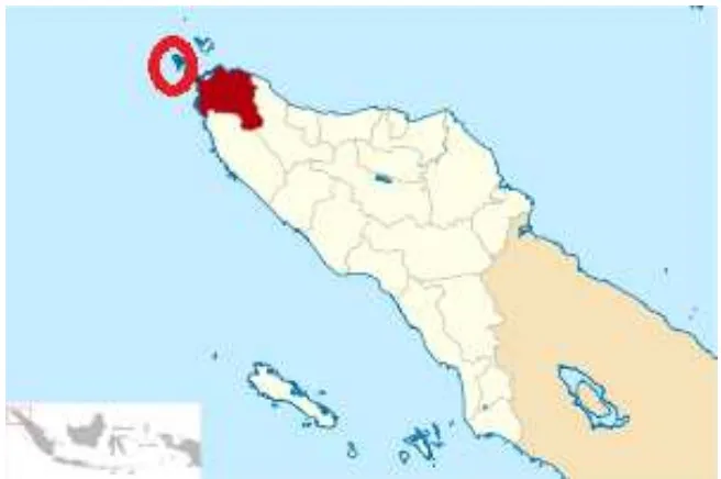 Gambar 1. Peta Provinsi Aceh dan Kabupaten Aceh Besar (arsiran warna coklat) yang  menunjukkan lokasi penangpkapan ikan sampel di wilayah Pulo Aceh (bulatan merah) 