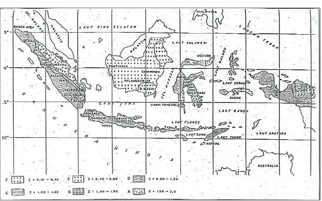 Gambar 5-4  Pembagian Zona Gempa di Indonesia (SNI Gempa 2002) 