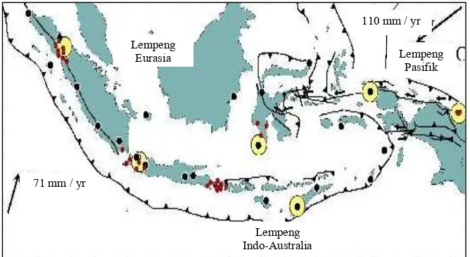 Gambar 2.3 Distribusi lokasi gempa bumi besar yang pernah terjadi tahun 1900 s/d 1996 dengan magnitude M > 6 pada Skala Richter (Sumber : Badan Metereologi dan Geofisika)