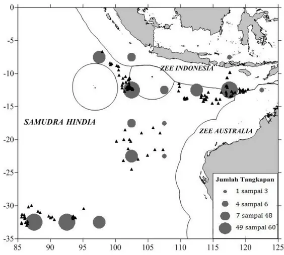Gambar 3. Sebaran daerah penangkapan hiu buaya yang tertangkap armada rawai tuna di  Samudra Hindia