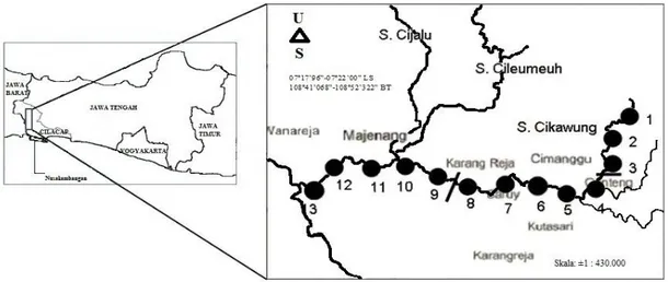 Gambar 1. Peta lokasi sampling di sepanjang Sungai Cikawung. 1-13: nomor stasiun pengambilan sampel,                     LS: lintang selatan, BT: bujur timur, U: utara, S: selatan,           batas daerah hulu, tengah, dan                     Hilir 
