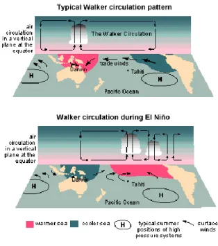 Gambar 1. Pola Sirkulasi Walker pada keadaan  normal (atas) dan keadaan El Nino (bawah)