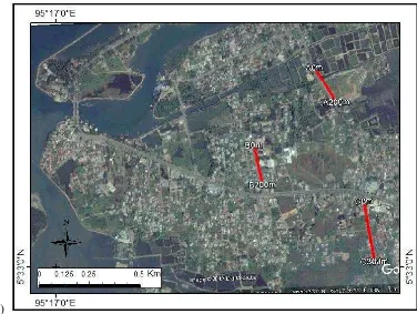 Gambar 1.(a) Peta kawasan Meuraxa, Kota Banda Aceh sebelum terjadinya Bencana Gempa Bumi dan Tsunamiyang direkam pada tanggal 23 Juni 2004, (b) Kawasan Meuraxa sebulan setelah terjadi Bencana GempaBumi dan Tsunami yang direkam pada tanggal 28 Januari 2005, (c) Kawasan Meuraxa setelah terjadiBencana Gempa Bumi dan Tsunami yang direkam pada tanggal 25 Desember 2015 (dimodifikasi dariGoogle Earth).