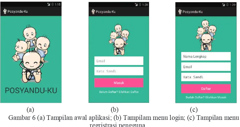 Gambar 6 (a) Tampilan awal aplikasi; (b) Tampilam menu login; (c) Tampilan menu            