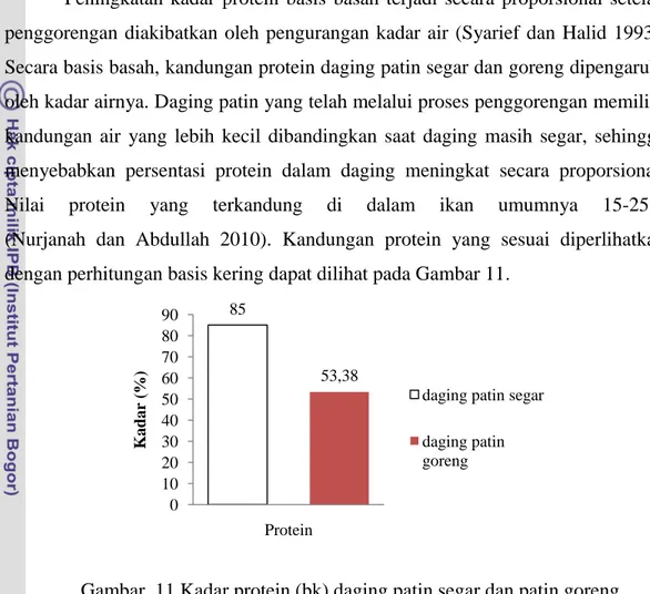 Gambar  11 Kadar protein (bk) daging patin segar dan patin goreng  Berdasarkan  Gambar  11,  diketahui  bahwa  kadar  protein  basis  kering  antara  daging  patin  segar  dan  goreng  berturut-turut  adalah  85%  dan  53,38%