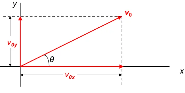 Gambar 1. Komponen-komponen kecepatan awal sebuah proyektil  dengan  adalah sudut antara  v 0  dengan sumbu horizontal x Gerak proyektil di kondisi vakum 