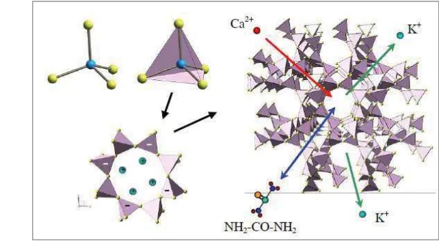 Gambar 1  Rangka tetrahedra SiO4 dan AlO4-  membentuk struktur kerangka kristal zeolit