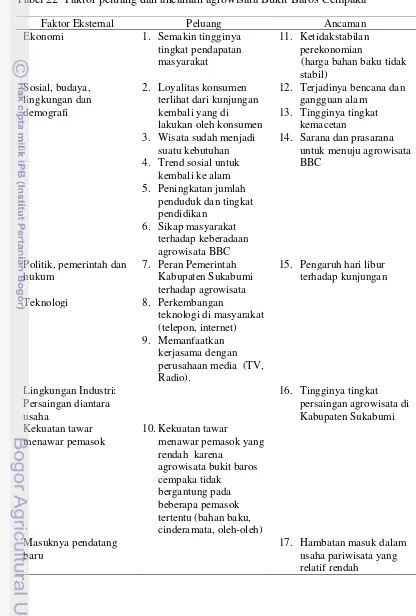 Tabel 22  Faktor peluang dan ancaman agrowisata Bukit Baros Cempaka 