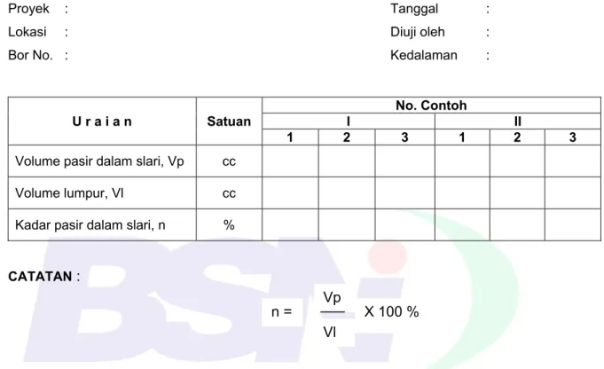 Tabel B.1 - Contoh formulir penentuan kadar pasir dalam slari bentonit 