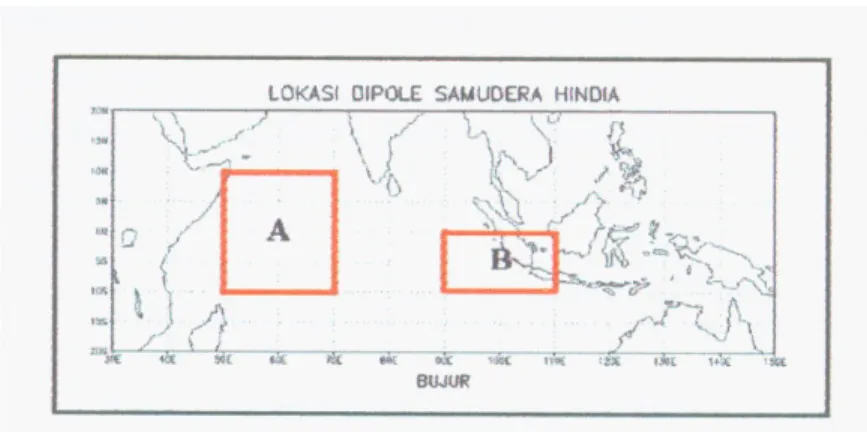 Gambar III.2.  Lokasi fenomena dipole mode di samudera Hindia yang  didefinisikan berdasarkan Saji et.al., (1999) dalam Bannu  (2003) 