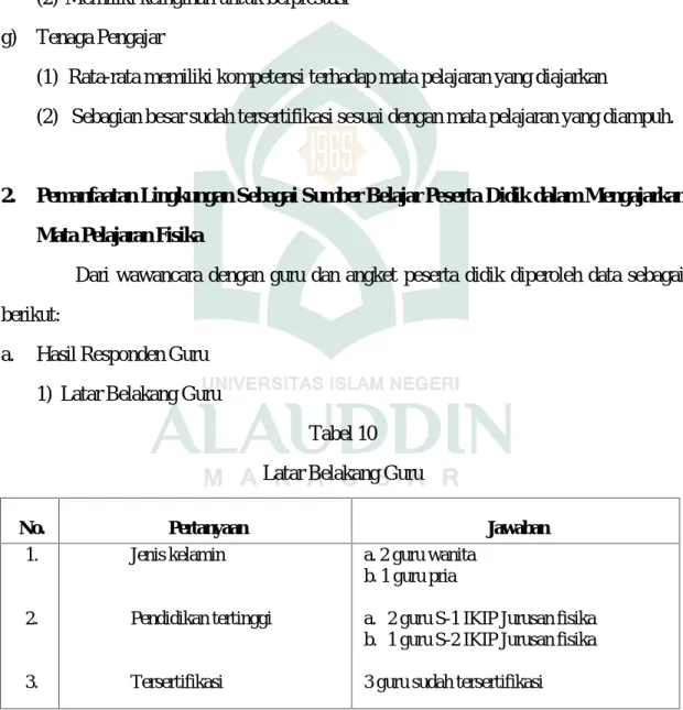 Tabel 10 Latar Belakang Guru