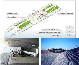 Gambar 15 : Denah lantai atap (atas) dan suasana pada lounge (kiri bawah) dan plaza lantai atap  (kanan bawah) pada Terminal Penumpang Osanbashi Hall 