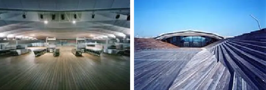 Gambar 26 : Fasilitas CIQ (Bea cukai, imigrasi dan karantina) (kiri) dan plaza acara terbuka (kanan)  pada Terminal Penumpang Osanbashi Hall 