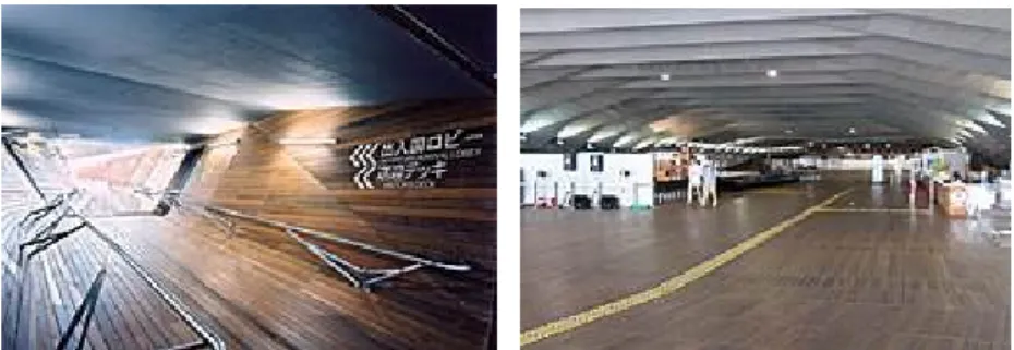 Gambar 9 : Ramp yang bisa digunakan sebagai sirkulasi utama untuk menuju tiap lantai terminal pada  Pelabuhan Internasional Yokohama (kiri) dan lobby terminal (kanan) 