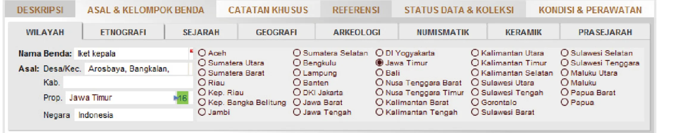 Gambar 2e:  Tampilan Tab “Asal dan Kelompok Benda”, Sub Tab ‘Wilayah (34 Provinsi di Indonesia)”.