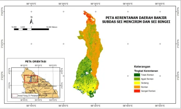 Gambar 5. Peta Kerentanan Daerah Banjir Subdas Sei Mencirim dan Sei Bingei  Pembuatan peta kerentanan daerah banjir menggunakan formula kerentanan  lahan (Tabel 4)