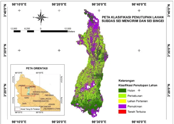 Gambar 6. Peta Klasifikasi Penutupan Lahan Subdas Sei Mencirim dan Sei Bingei  Berdasarkan  hasil  klasifikasi  (Gambar  5)  terdapat  lima  kelas  penutupan  lahan  yang  dapat  diidentifikasi  dalam  lokasi  penelitian,  yaitu  hutan,  perkebunan,  lahan
