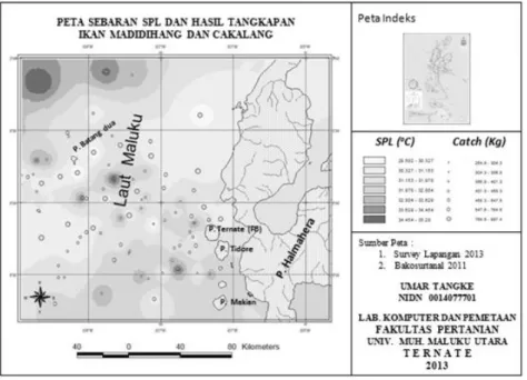 Gambar 8.   Peta  Sebaran  Klorofil-a  dan  Hasil  Tangkapan  Ikan  Cakalang Dan Ikan Madidihang Bulan Sept - Nov 2013 