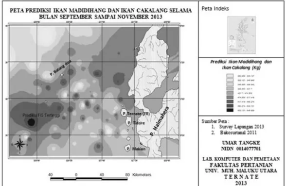 Gambar  9.  Peta Prediksi Distribusi Ikan cakalang dan ikan madidihang Selama Sept - Nov  2013 